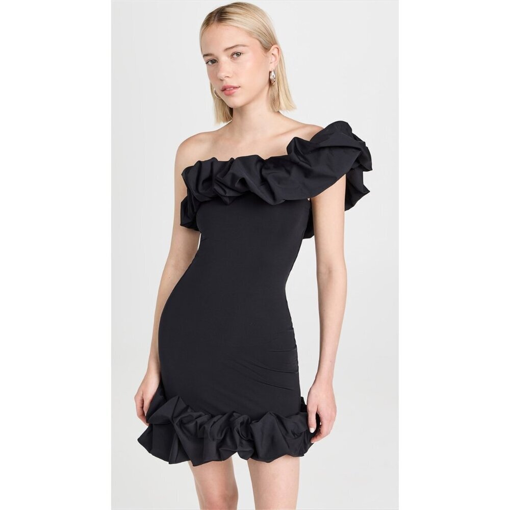 Maygel Coronel Gabo Ruffled One Shoulder Mini Dress Black Party Women‎ One Size
